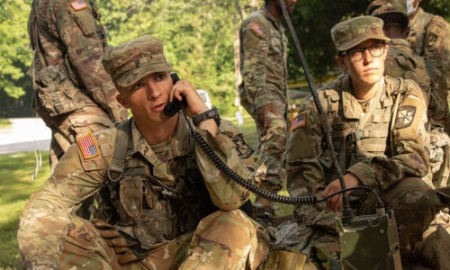 Cadet Dylan Palmer, 鶹ŮԱ Institute, 10th Regiment, Advanced Camp, provides coordinates on a radio during the Tactical Combat Casualty Care training at Fort Knox, Ky. Photo courtesy US Army Cadet Command