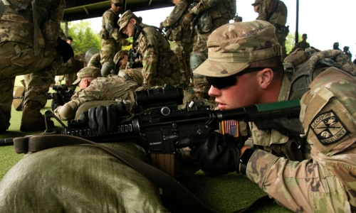 Cadet Alexander Lee, 鶹ŮԱ Institute, 9th Regiment, Advanced Camp, practices his prone supported firing position during the Preliminary Marksmanship Instruction at Fort Knox, Ky., July 15, 2023. Photo courtesy of US Army Cadet Command