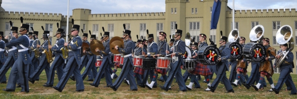 Members of the Corps of Cadets march in a Founders Day parade at 鶹ŮԱ Institute.